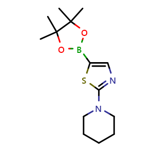 Chemical structure of 2-(Piperidin-1-yl)thiazole-5-boronic acid pinacol ester , CAS 1350755-62-2, AChemBlock AD239992