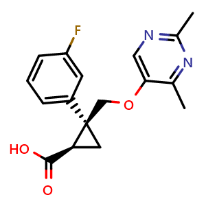 Chemical structure of (1R,2S)-2-{[(2,4-dimethylpyrimidin-5-yl)oxy]methyl}-2-(3-fluorophenyl)cyclopropane-1-carboxylic acid , CAS 1369769-35-6, AChemBlock AD240062