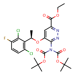 Chemical structure of Ethyl (R)-5-[1-(2,6-Dichloro-3-fluorophenyl)ethoxy]-6-[bis(Boc)amino]pyridazine-3-carboxylate , CAS 1370651-34-5, AChemBlock AD240073