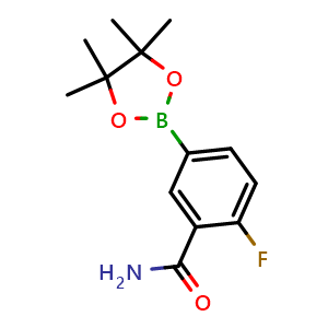Chemical structure of 2-fluoro-5-(4,4,5,5-tetramethyl-1,3,2-dioxaborolan-2-yl)benzamide , CAS 1374508-59-4, AChemBlock AD240084