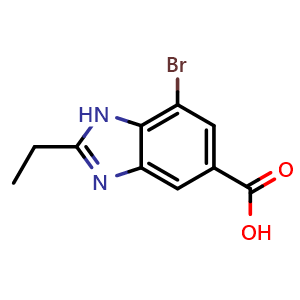 Chemical structure of 7-bromo-2-ethyl-1H-1,3-benzodiazole-5-carboxylic acid , CAS 1378260-23-1, AChemBlock AD240093