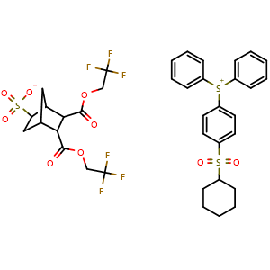 Chemical structure of (4-(cyclohexylsulfonyl)phenyl)diphenylsulfonium 5,6-bis((2,2,2-trifluoroethoxy)carbonyl)bicyclo[2.2.1]heptane-2-sulfonate , CAS 1379516-10-5, AChemBlock AD240101