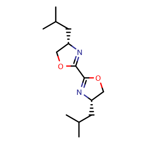 Chemical structure of (4S)-4-(2-methylpropyl)-2-[(4S)-4-(2-methylpropyl)-4,5-dihydro-1,3-oxazol-2-yl]-4,5-dihydro-1,3-oxazole , CAS 138429-17-1, AChemBlock AD240108