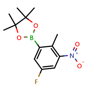 Chemical structure of 2-(5-fluoro-2-methyl-3-nitro-phenyl)-4,4,5,5-tetramethyl-1,3,2-dioxaborolane , CAS 1418128-32-1, AChemBlock AD240193