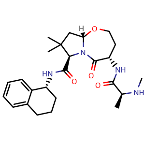 Chemical structure of (4S,7R,9aS)-8,8-dimethyl-4-((S)-2-(methylamino)propanamido)-5-oxo-N-((R)-1,2,3,4-tetrahydronaphthalen-1-yl)octahydropyrrolo[2,1-b][1,3]oxazepine-7-carboxamide , CAS 1422180-61-7, AChemBlock AD240207