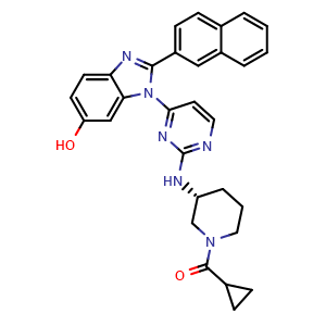 Chemical structure of (R)-Cyclopropyl[3-[[4-[6-hydroxy-2-(2-naphthyl)-1-benzimidazolyl]-2-pyrimidinyl]amino]-1-piperidyl]methanone , CAS 1428959-17-4, AChemBlock AD240231