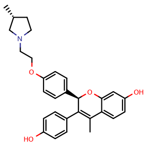 Chemical structure of (2R)-3-(4-Hydroxyphenyl)-4-methyl-2-[4-[2-[(3R)-3-methyl-1-pyrrolidinyl]ethoxy]phenyl]-2H-1-benzopyran-7-ol , CAS 1443752-77-9, AChemBlock AD240254