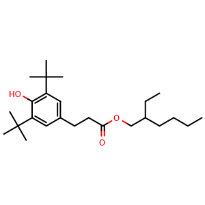 Chemical structure of 2-Ethylhexyl 3-(3,5-di-tert-butyl-4-hydroxyphenyl)propanoate , CAS 144429-84-5, AChemBlock AD240258