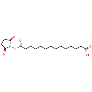 Chemical structure of 14-[(2,5-dioxopyrrolidin-1-yl)oxy]-14-oxotetradecanoic acid , CAS 146004-82-2, AChemBlock AD240287