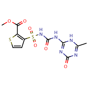 Chemical structure of Methyl 3-({[(6-methyl-4-oxo-1,4-dihydro-1,3,5-triazin-2-yl)carbamoyl]amino}sulfonyl)thiophene-2-carboxylate , CAS 150258-68-7, AChemBlock AD240338