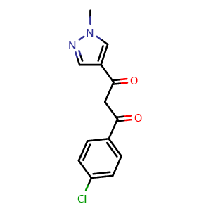 Chemical structure of 1-(4-chlorophenyl)-3-(1-methyl-1H-pyrazol-4-yl)propane-1,3-dione , CAS 1503529-33-6, AChemBlock AD240339