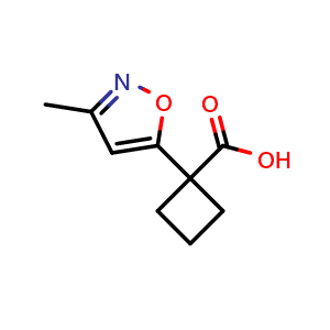 Chemical structure of 1-(3-methyl-1,2-oxazol-5-yl)cyclobutane-1-carboxylic acid , CAS 1535427-10-1, AChemBlock AD240385