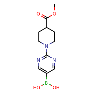 Chemical structure of {2-[4-(methoxycarbonyl)piperidin-1-yl]pyrimidin-5-yl}boronic acid , CAS 1536398-19-2, AChemBlock AD240386