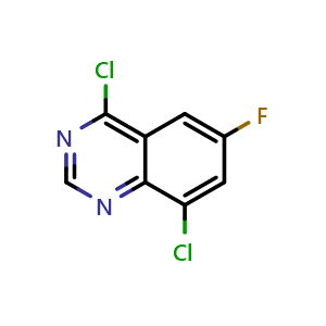 Chemical structure of 4,8-dichloro-6-fluoro-quinazoline , CAS 1566729-83-6, AChemBlock AD240428