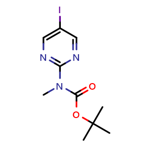 Chemical structure of 2-Methylpropan-2-yl [(5-iodopyrimidin-2-yl)(methyl)amino]methanoate , CAS 1578264-18-2, AChemBlock AD240440