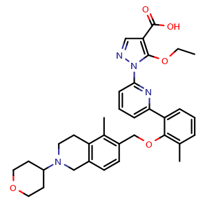 Chemical structure of 5-ethoxy-1-{6-[3-methyl-2-({[5-methyl-2-(3,4,5,6-tetrahydro-2H-pyran-4-yl)-1,2,3,4-tetrahydroisoquinolin-6-yl]methyl}oxy)phenyl]pyridin-2-yl}pyrazole-4-carboxylic acid , CAS 1579514-06-9, AChemBlock AD240442