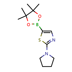 Chemical structure of 2-(pyrrolidin-1-yl)-5-(4,4,5,5-tetramethyl-1,3,2-dioxaborolan-2-yl)thiazole , CAS 1595285-01-0, AChemBlock AD240465