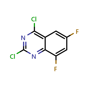 Chemical structure of 2,4-dichloro-6,8-difluoro-quinazoline , CAS 1598138-90-9, AChemBlock AD240473