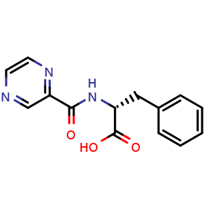 Chemical structure of (2R)-3-phenyl-2-[(pyrazin-2-yl)formamido]propanoic acid , CAS 1608986-16-8, AChemBlock AD240491
