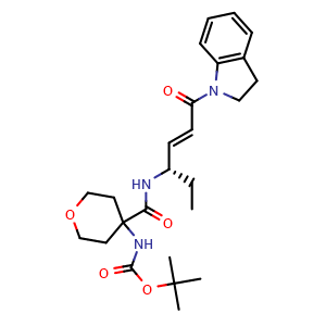Chemical structure of 2-methylpropan-2-yl {[4-({[(3S,4E)-6-(2,3-dihydro-1H-indol-1-yl)-6-oxohex-4-en-3-yl]amino}carbonyl)-3,4,5,6-tetrahydro-2H-pyran-4-yl]amino}methanoate , CAS 1613458-75-5, AChemBlock AD240503