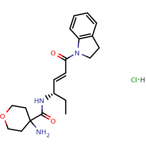 Chemical structure of 4-amino-N-[(3S,4E)-6-(2,3-dihydro-1H-indol-1-yl)-6-oxohex-4-en-3-yl]tetrahydropyran-4-carboxamide hydrochloride , CAS 1613458-78-8, AChemBlock AD240504