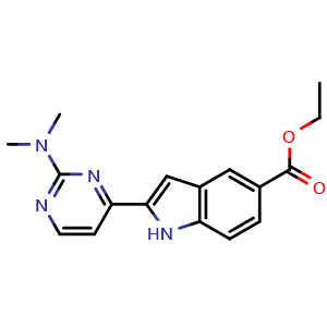 Chemical structure of ethyl 2-[2-(dimethylamino)pyrimidin-4-yl]-1H-indole-5-carboxylate , CAS 1624260-37-2, AChemBlock AD240531