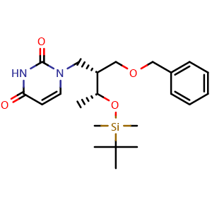 Chemical structure of 1-[(5R,6R)-6-[(benzyloxy)methyl]-2,2,3,3,5-pentamethyl-4-oxa-3-silahept-7-yl]-1,2,3,4-tetrahydropyrimidine-2,4-dione , CAS 1627139-99-4, AChemBlock AD240535