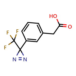 Chemical structure of 2-{3-[3-(trifluoromethyl)-3H-diazirin-3-yl]phenyl}acetic acid , CAS 1627712-50-8, AChemBlock AD240537
