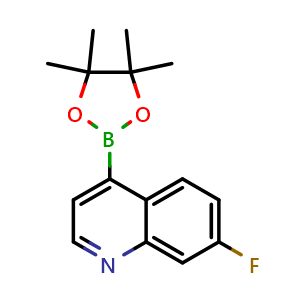Chemical structure of 7-fluoro-4-(4,4,5,5-tetramethyl-1,3,2-dioxaborolan-2-yl)quinoline , CAS 1627721-91-8, AChemBlock AD240538