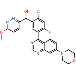 Chemical structure of (2-Chloro-4-fluoro-5-(7-morpholinoquinazolin-4-yl)phenyl)(6-methoxypyridazin-3-yl)methanol , CAS 1637542-34-7, AChemBlock AD240552