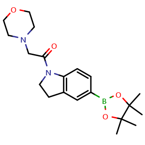 Chemical structure of 2-(morpholin-4-yl)-1-[5-(4,4,5,5-tetramethyl-1,3,2-dioxaborolan-2-yl)-2,3-dihydro-1H-indol-1-yl]ethan-1-one , CAS 1704067-45-7, AChemBlock AD240625