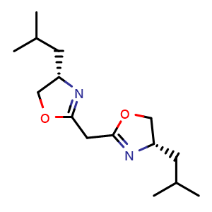 Chemical structure of (4S)-4-(2-methylpropyl)-2-{[(4S)-4-(2-methylpropyl)-4,5-dihydro-1,3-oxazol-2-yl]methyl}-4,5-dihydro-1,3-oxazole , CAS 176650-25-2, AChemBlock AD240673