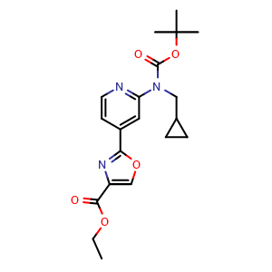 Chemical structure of ethyl 2-[2-(6-cyclopropyl-2,2-dimethyl-4-oxo-5-aza-3-oxahex-5-yl)pyridin-4-yl]-1,3-oxazole-4-carboxylate , CAS 1773506-55-0, AChemBlock AD240684