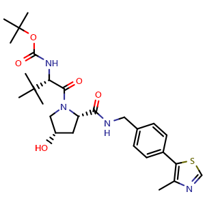 Chemical structure of tert-Butyl ((S)-1-((2S,4S)-4-hydroxy-2-((4-(4-methylthiazol-5-yl)benzyl)carbamoyl)pyrrolidin-1-yl)-3,3-dimethyl-1-oxobutan-2-yl)carbamate , CAS 1797406-74-6, AChemBlock AD240732