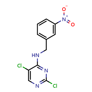 Chemical structure of 2,5-dichloro-4-{[(3-nitrophenyl)methyl]amino}pyrimidine , CAS 1805787-94-3, AChemBlock AD240774