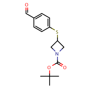 Chemical structure of tert-butyl 3-[(4-formylphenyl)sulfanyl]azetidine-1-carboxylate , CAS 1820718-53-3, AChemBlock AD240799