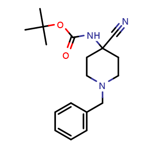 Chemical structure of tert-butyl (1-benzyl-4-cyanopiperidin-4-yl)carbamate , CAS 1823424-40-3, AChemBlock AD240812
