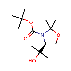 Chemical structure of (S)-4-(1-hydroxy-1-methylethyl)-2,2-dimethyloxazolidine-3-carboxylic acid tert-butyl ester , CAS 182957-71-7, AChemBlock AD240829