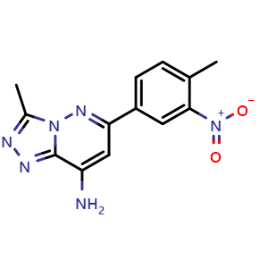 Chemical structure of 3-Methyl-6-(4-methyl-3-nitrophenyl)-[1,2,4]triazolo[4,3-b]pyridazin-8-amine , CAS 1956334-72-7, AChemBlock AD240970