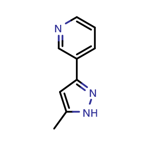 Chemical structure of 3-(5-methyl-1H-pyrazol-3-yl)pyridine , CAS 19959-72-9, AChemBlock AD240998