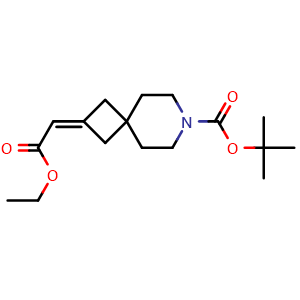 Chemical structure of 2-Ethoxycarbonylmethylene-7-aza-spiro[3.5]nonane-7-carboxylic acid tert-butyl ester , CAS 203662-22-0, AChemBlock AD241022