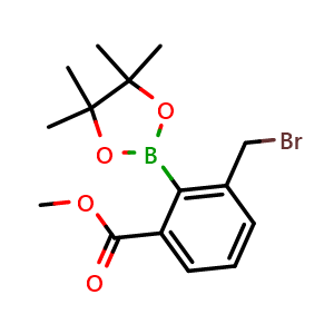 Chemical structure of methyl 3-(bromomethyl)-2-(4,4,5,5-tetramethyl-1,3,2-dioxaborolan-2-yl)benzoate , CAS 2058056-24-7, AChemBlock AD241045