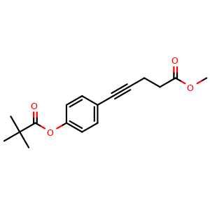 Chemical structure of 4-Pentynoic acid, 5-[4-(2,2-dimethyl-1-oxopropoxy)phenyl]-, methyl ester , CAS 2059920-01-1, AChemBlock AD241046