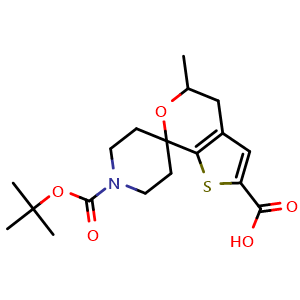 Chemical structure of 1-[(tert-butoxy)carbonyl]-5'-methyl-4',5'-dihydrospiro[piperidine-4,7'-thieno[2,3-c]pyran]-2'-carboxylic acid , CAS 2088333-65-5, AChemBlock AD241064