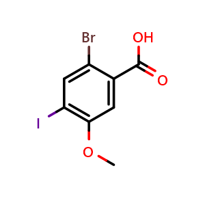 Chemical structure of 2-bromo-4-iodo-5-methoxybenzoic acid , CAS 2090450-64-7, AChemBlock AD241074
