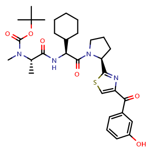 Chemical structure of tert-Butyl ((S)-1-(((S)-1-cyclohexyl-2-((S)-2-(4-(3-hydroxybenzoyl)thiazol-2-yl)pyrrolidin-1-yl)-2-oxoethyl)amino)-1-oxopropan-2-yl)(methyl)carbamate , CAS 2095244-42-9, AChemBlock AD241087