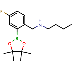 Chemical structure of butyl({[4-fluoro-2-(4,4,5,5-tetramethyl-1,3,2-dioxaborolan-2-yl)phenyl]methyl})amine , CAS 2096329-98-3, AChemBlock AD241093