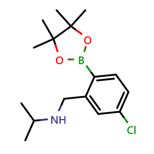 Chemical structure of {[5-chloro-2-(4,4,5,5-tetramethyl-1,3,2-dioxaborolan-2-yl)phenyl]methyl}(propan-2-yl)amine , CAS 2096336-54-6, AChemBlock AD241107