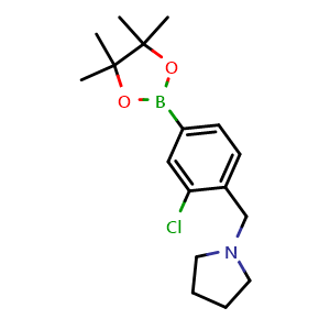 Chemical structure of 1-{[2-chloro-4-(4,4,5,5-tetramethyl-1,3,2-dioxaborolan-2-yl)phenyl]methyl}pyrrolidine , CAS 2096337-95-8, AChemBlock AD241108