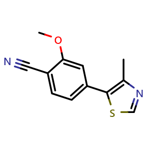 Chemical structure of 2-methoxy-4-(4-methyl-1,3-thiazol-5-yl)benzene-1-carbonitrile , CAS 2169091-01-2, AChemBlock AD241192